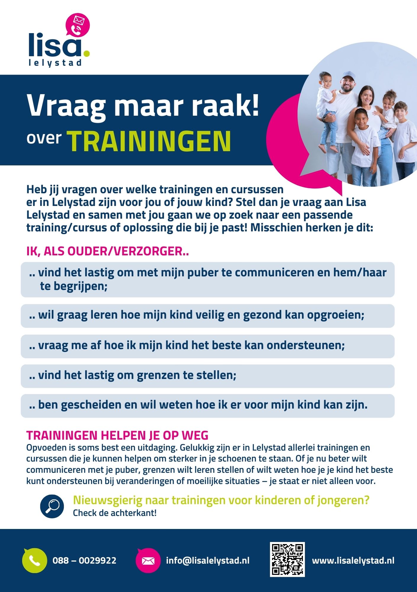 Voorkant van de flyer Vraag maar raak over trainingen