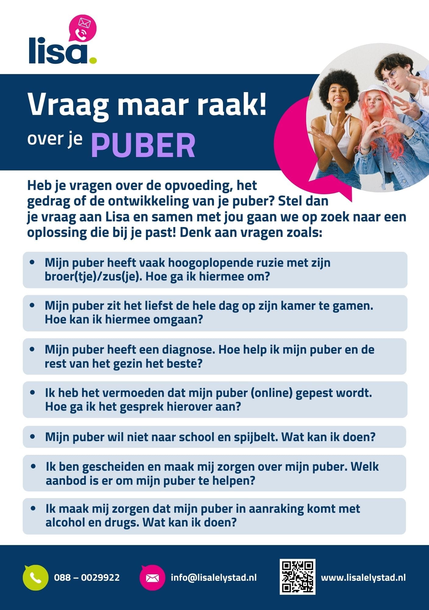 Voorkant van de flyer Vraag maar raak over je puber