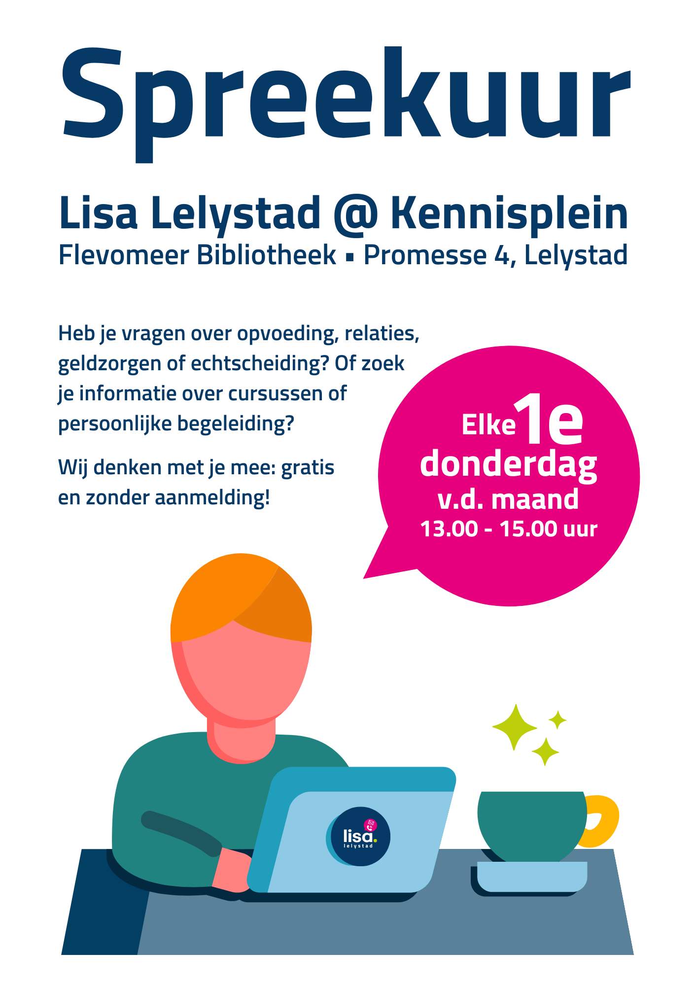 Voorkant van de flyer over het spreekuur van Lisa Lelystad