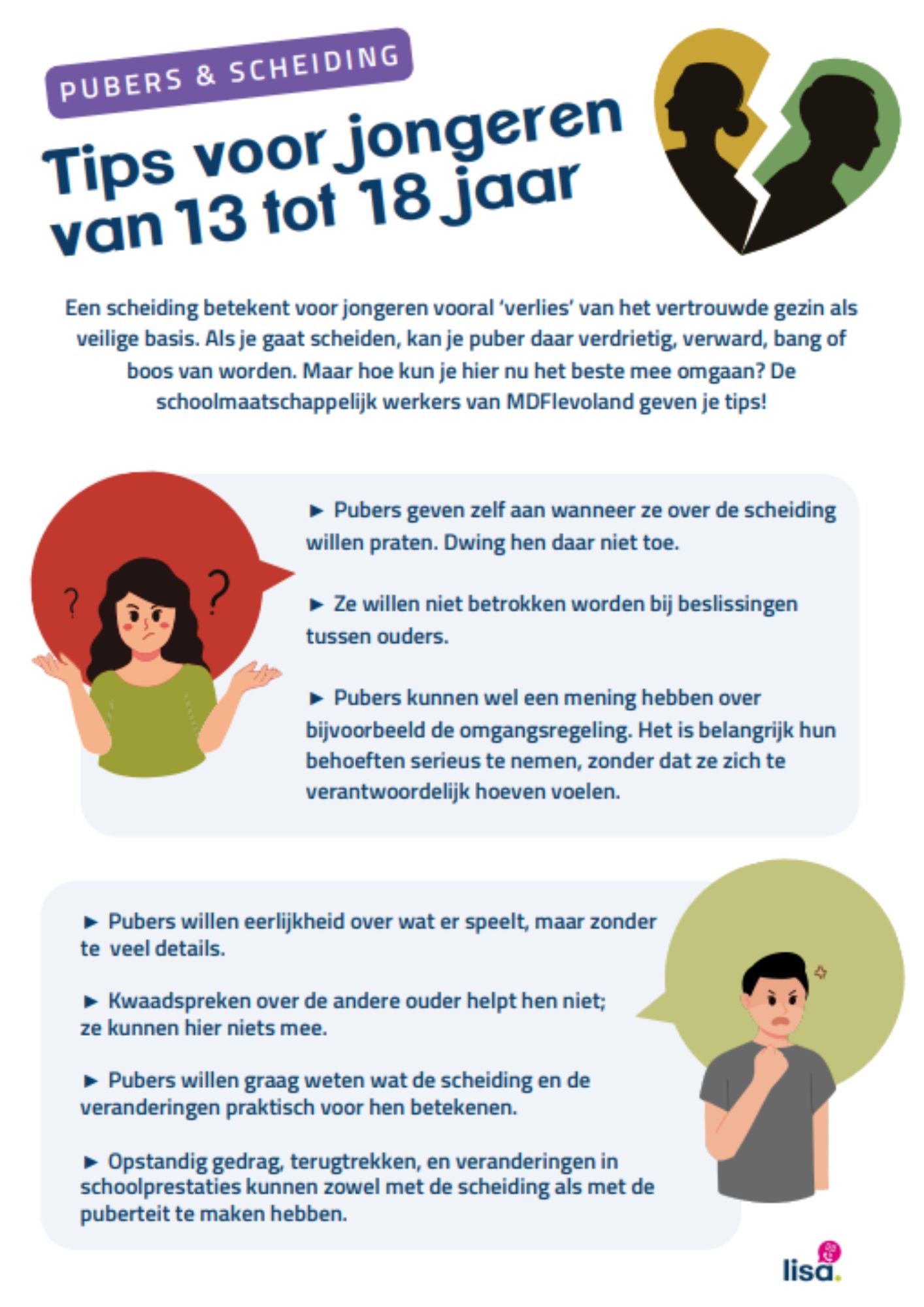 Voorkant tipsheet Pubers en scheiding 13 tot 18 jaar
